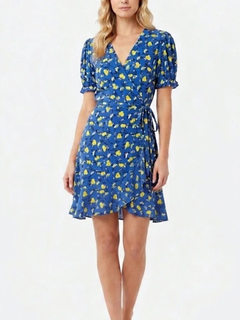 Diane Von Furstenberg Emilia Blue Ruffle Wrap Dress with Yellow Floral Print